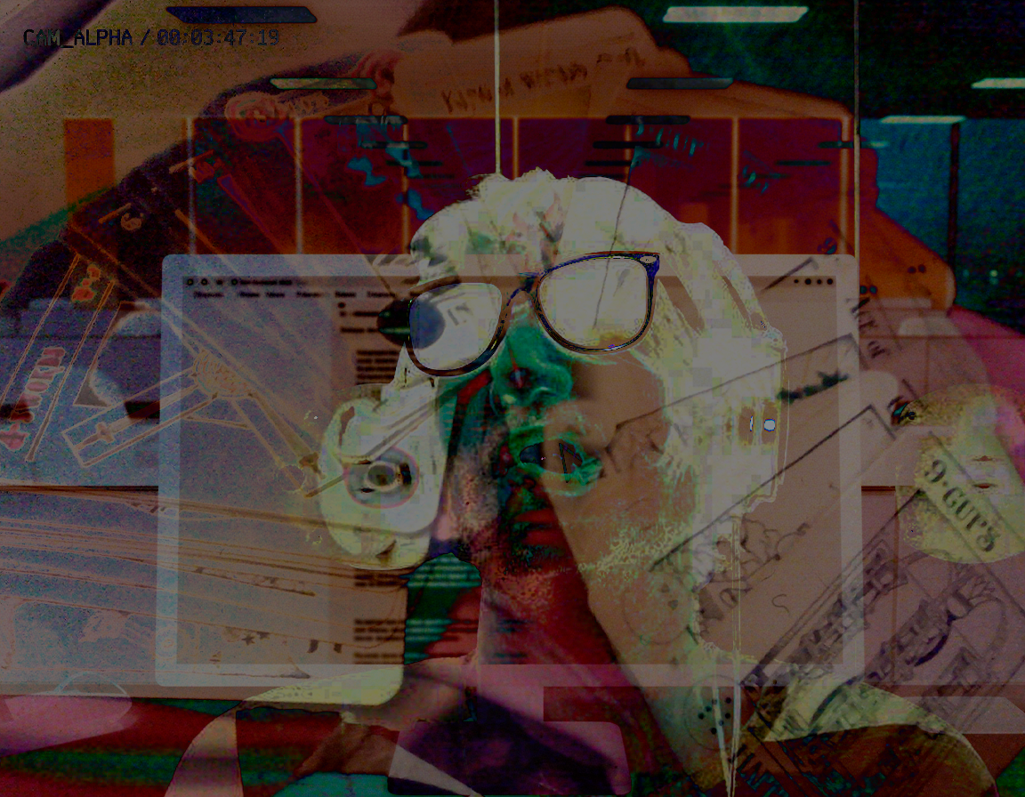Distorted face with glasses overlaid by dialog boxes and CAM_BETA timestamp. Human and interface merged.