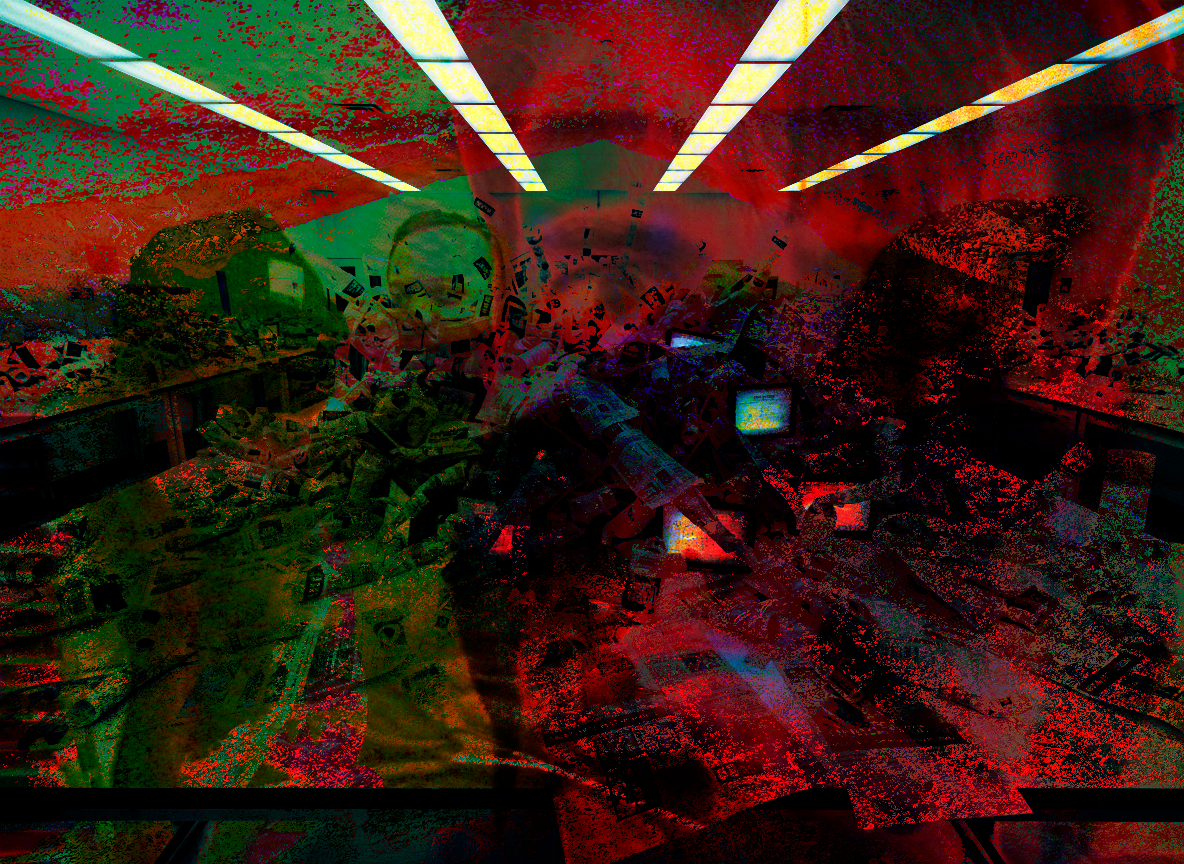 Institutional laboratory space collapsing under information overload. Diagonal yellow-white light beams cross the frame like warning vectors or transmission paths. Papers and screens scatter across surfaces showing proliferating messages. Heavy red saturation with green corruption artifacts. The architecture itself fragments and distorts. Shadowy face-like forms emerge in darker areas—partially hidden, ambiguous entities breeding from the chaos. The room breaks down as data multiplies beyond containment.