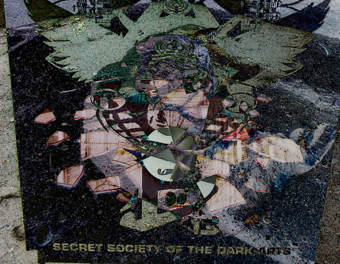 Occult emblem reading SECRET SOCIETY OF THE DARK ARTS with kaleidoscopic geometric pattern on dark ground.