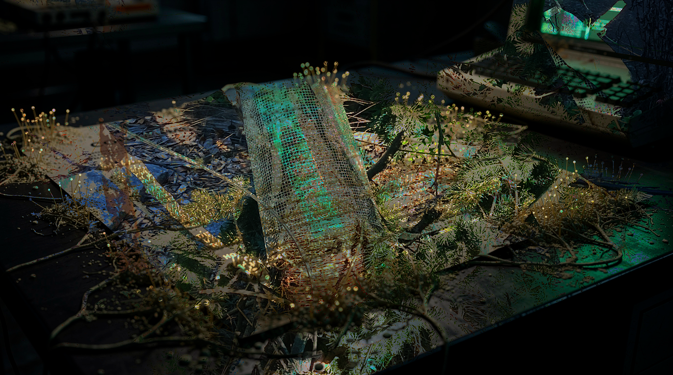 Institutional documents overtaken by fungal growth — paper and containment protocols dissolving under glowing green mycelium tendrils on a dark surface