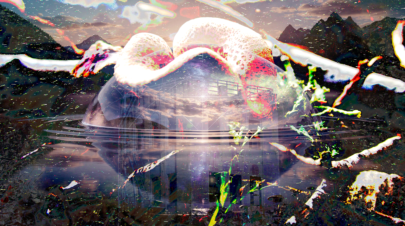 A luminous organic dome rises over a dark mountainous landscape reflected in water. Cellular, fungal, glowing from within. Glitch artifacts streak the edges.