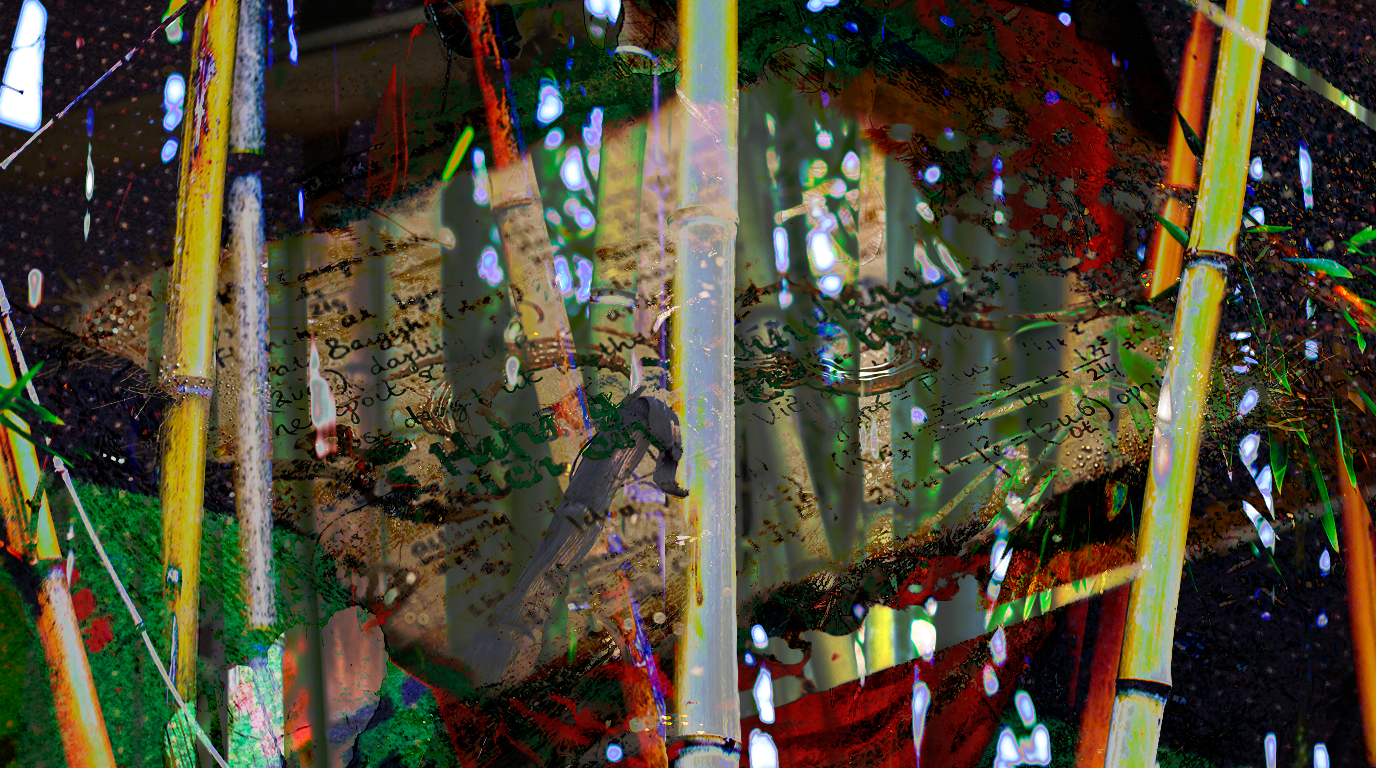 Handwritten notebook page fractured through bamboo stalks and organic lattice — text barely legible beneath layers of chromatic distortion and living overgrowth