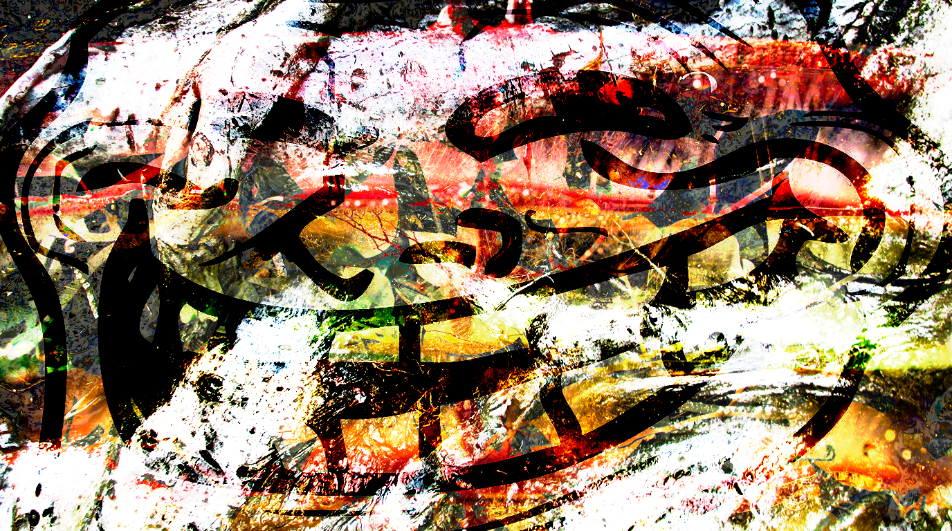 Abstract collision of red pigment, black calligraphic marks, and golden resin — layered and smeared as if something volatile was trapped mid-reaction