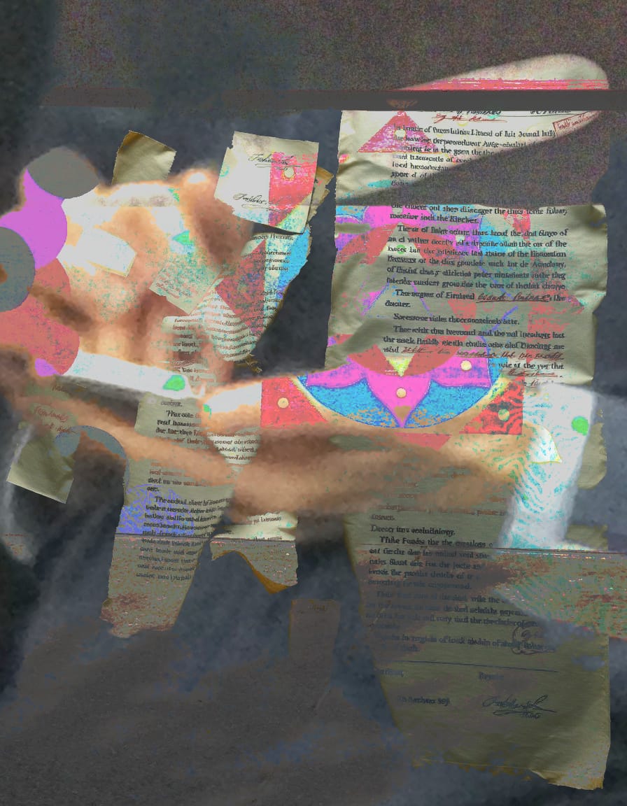 Fragmenting legal document — parchment pieces floating apart, margin annotations in red ink, cracked gold seal