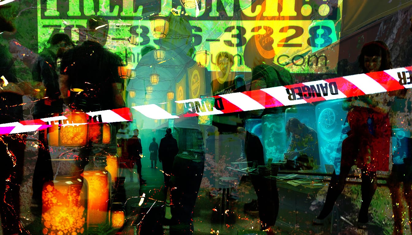 Surreal marketplace selling concepts in glass jars — a lone figure holds one up to the light