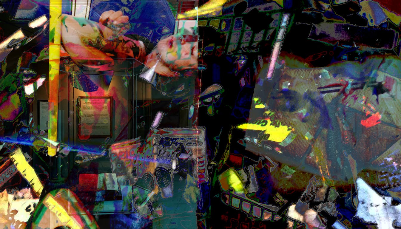 Two realities splitting — pristine institutional order on the left dissolving into corrupted void on the right