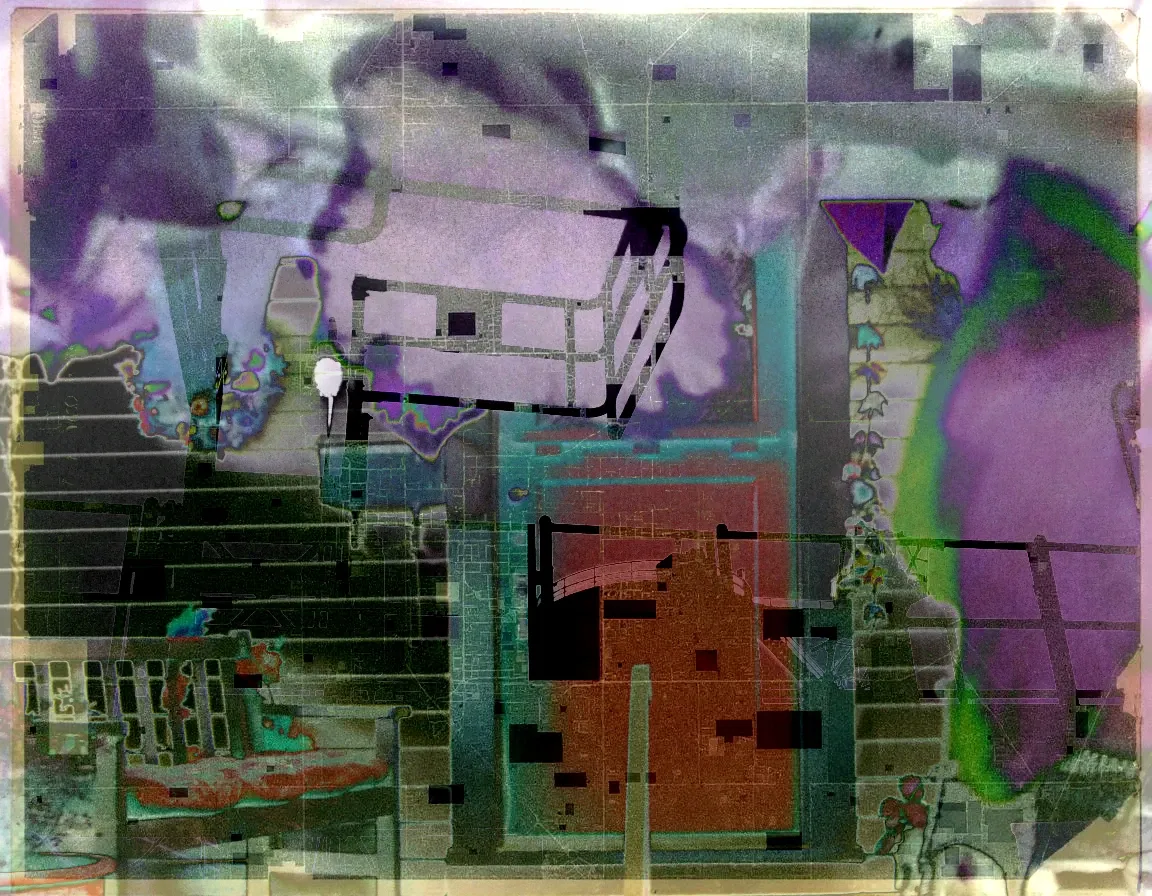 Aerial surveillance photograph — Sector 7-Null — redacted urban grid