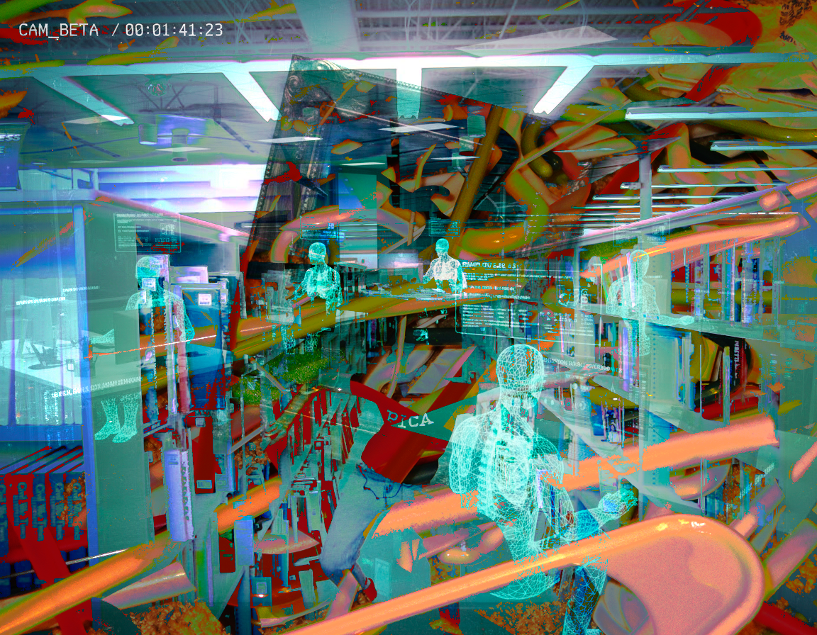 Security footage labeled CAM_BETA showing translucent blue humanoid figures browsing a thrift store.