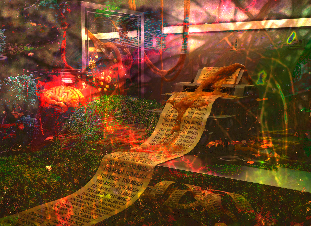 Layered collage: greenhouse with glowing brain matter, yellow receipts reading 'TOO MUCH', geometric frames. Red, green, amber colors. Clinical lab aesthetic meets biological overflow.