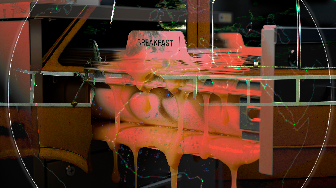  Diner booth glowing amber through concentric lens distortion — the word BREAKFAST barely visible, warm and spectral, like a memory of a meal