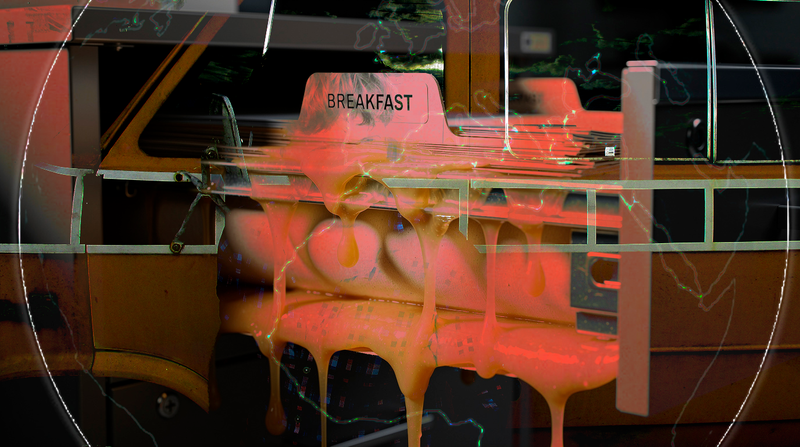  Diner booth glowing amber through concentric lens distortion — the word BREAKFAST barely visible, warm and spectral, like a memory of a meal