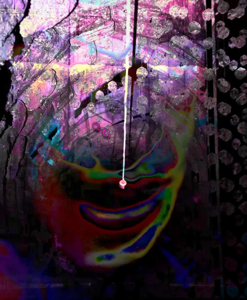 A dark vertical composition dominated by a single thin rope or cable descending from above into a deep, shadowed opening.