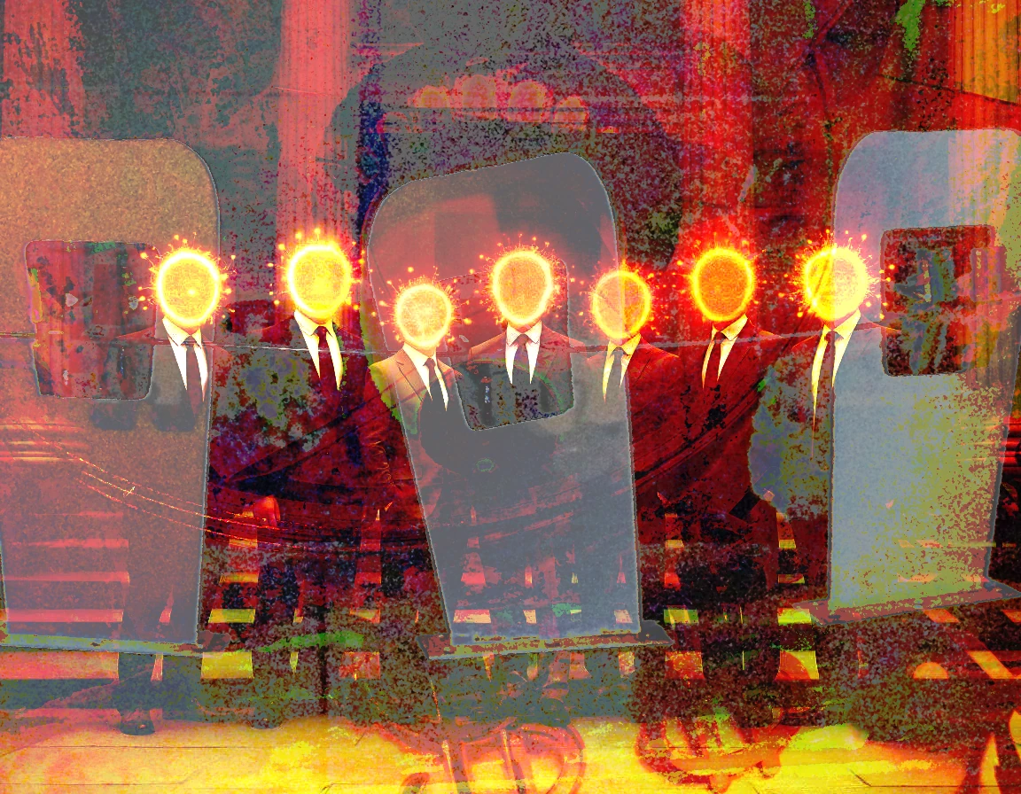 A formal corporate group portrait of seven researchers, each with their head and torso replaced by a translucent data diagram